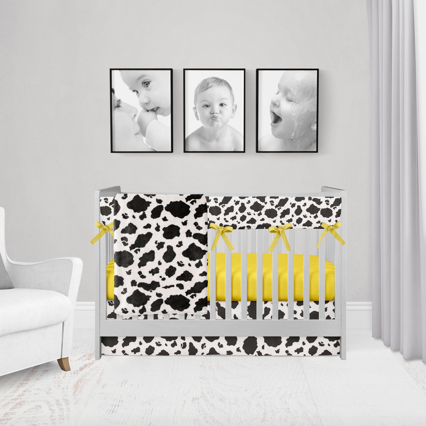 black and white cow blanket, available in cotton/minky and double minky, rail cover with yellow ties, yellow crib sheet & cow crib skirt