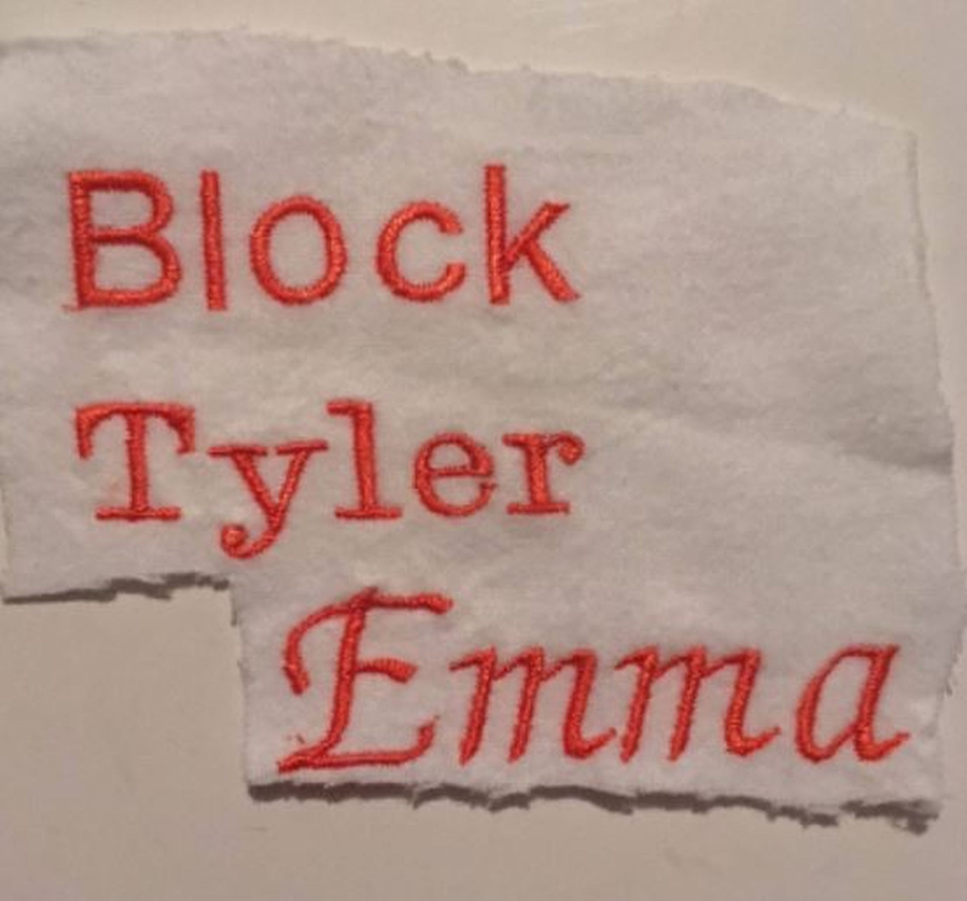 embroidery fonts available - block, tyler, emma
