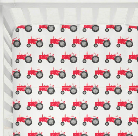 red tractor crib sheet