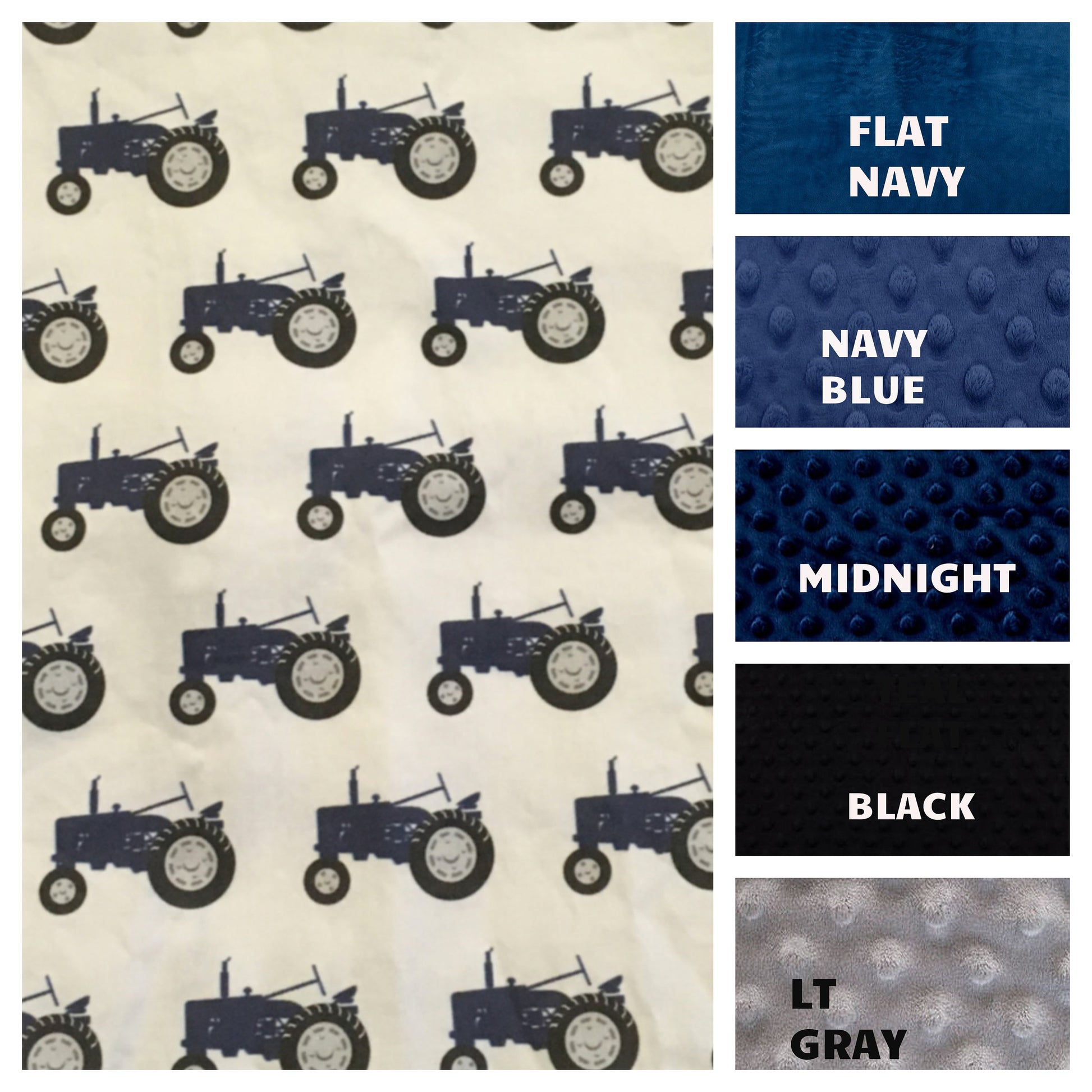 minky back colors available, flat navy, navy, midnight, flat midnight, black, flat light gray & light gray other colors available upon request