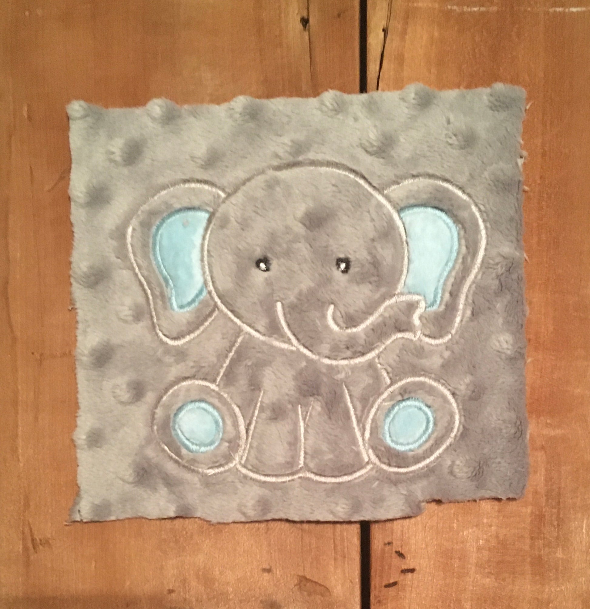 light blue and gray elephant applique on gray minky add to most items