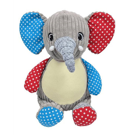 Elephant Cubbie (stuffed elephant toy) can be perchased with personalized option or blank without being personalized. Elephant has a blue with dots inner ear, arm and inner foot pad, red with dots inner ear, arm and inner foot pad
