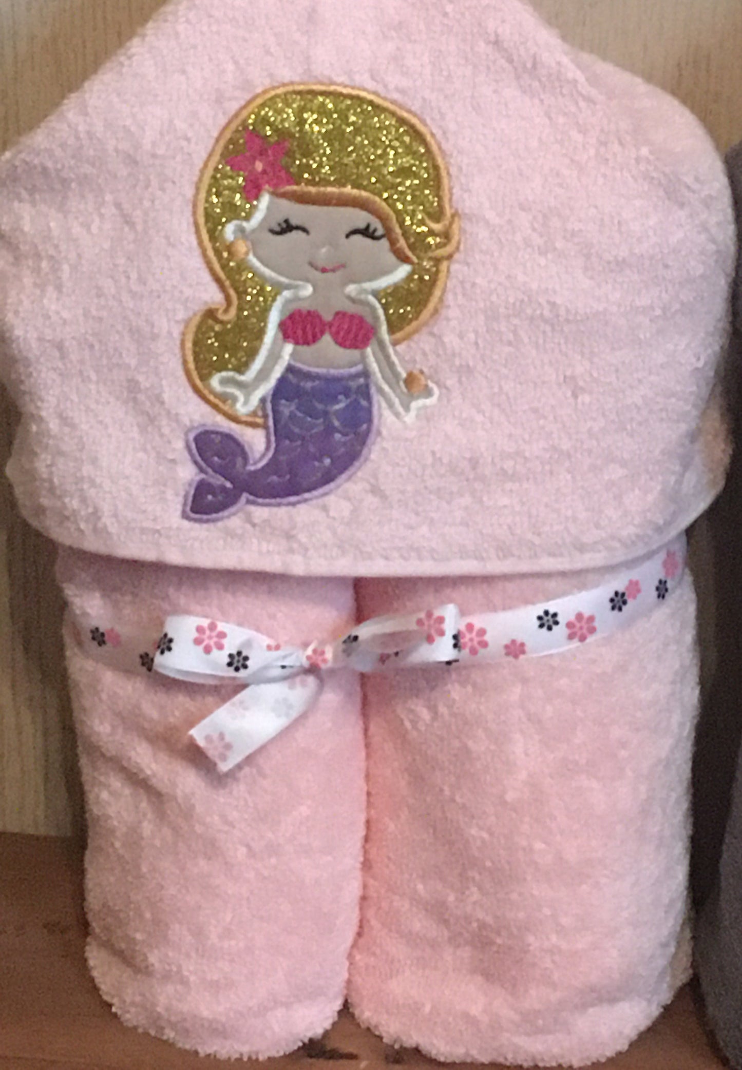 light pink hooded towel for children - embroidered mermaid