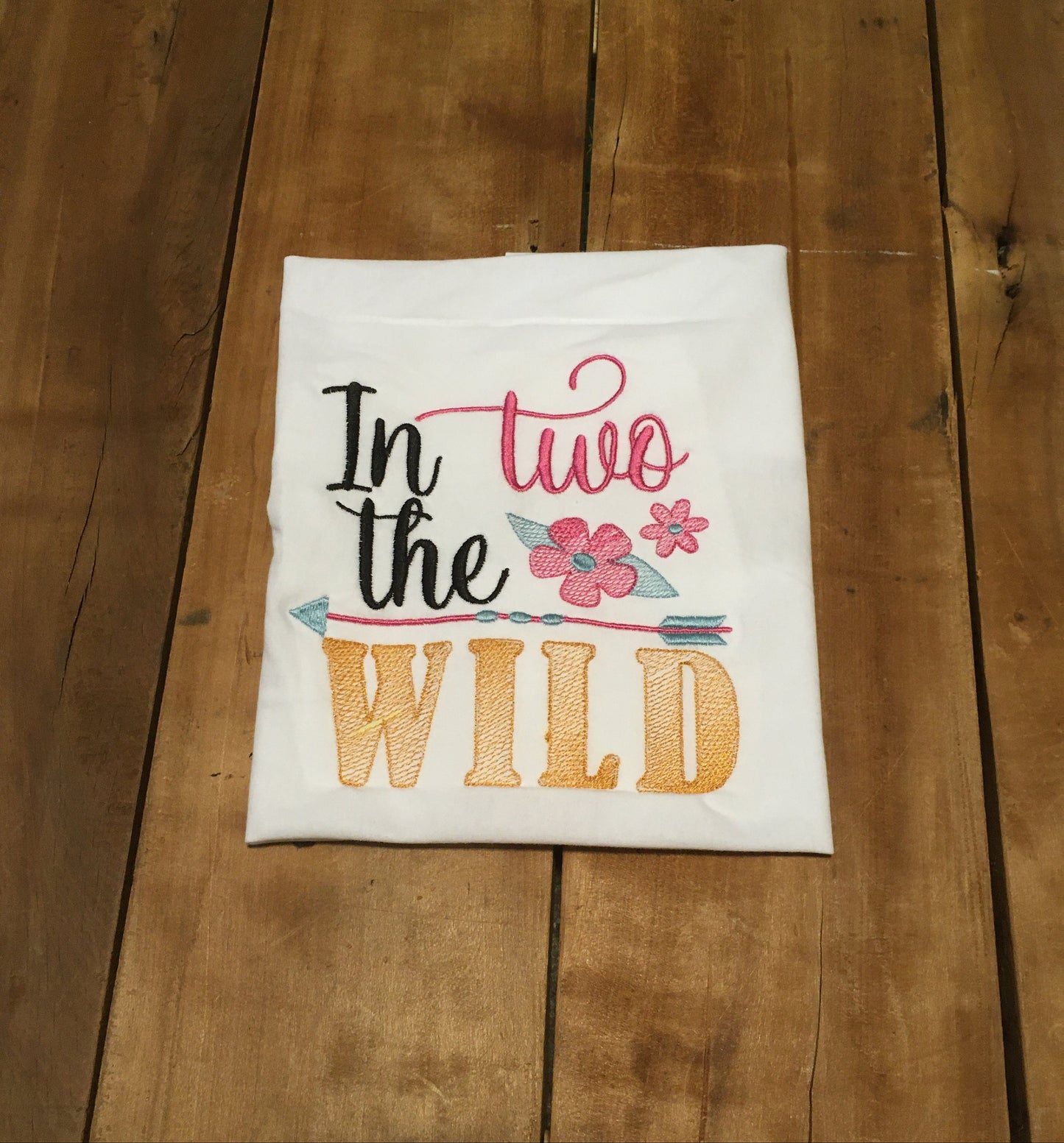 in two the wild embroidered birthday shirt - black, pink, gold and aqua threads, other color combos available