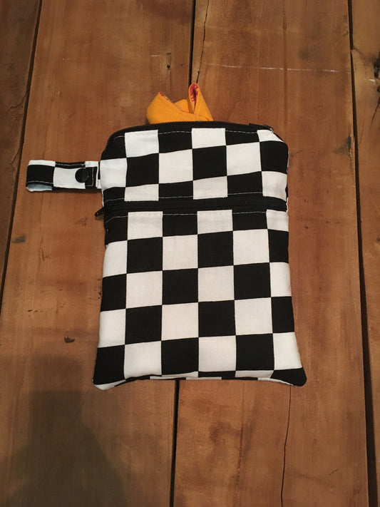 Racing check wet dry bag with 2 zipper pockets, shown with the strap option