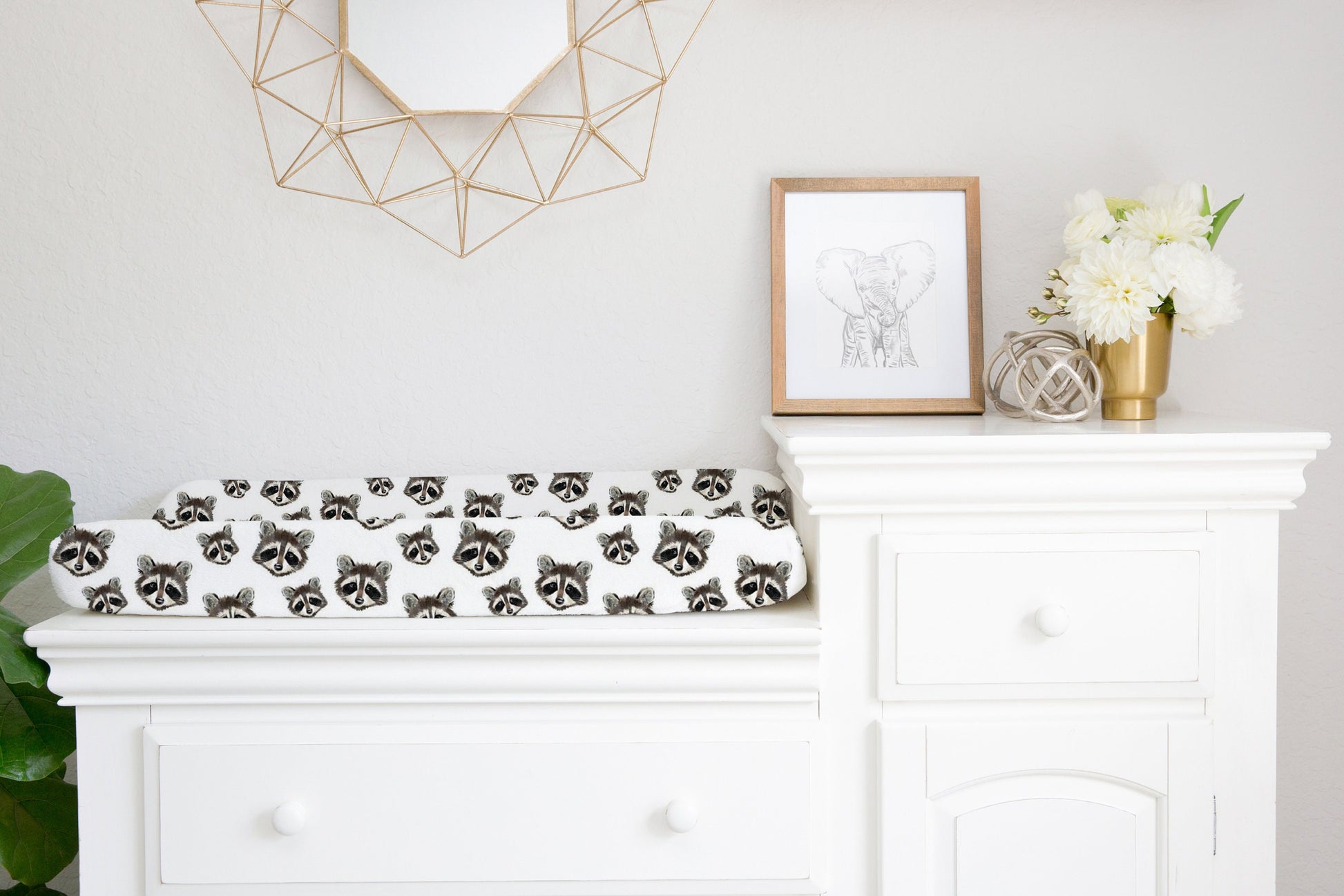 raccoon changing pad cover available in cotton, minky, & jersery knit