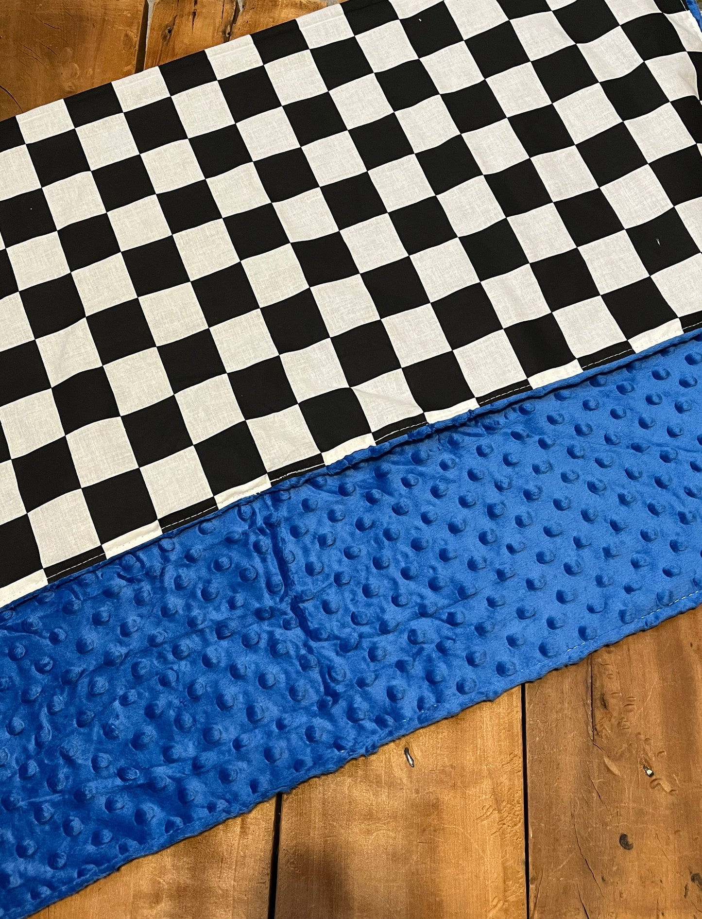 racing blanket with blue minky