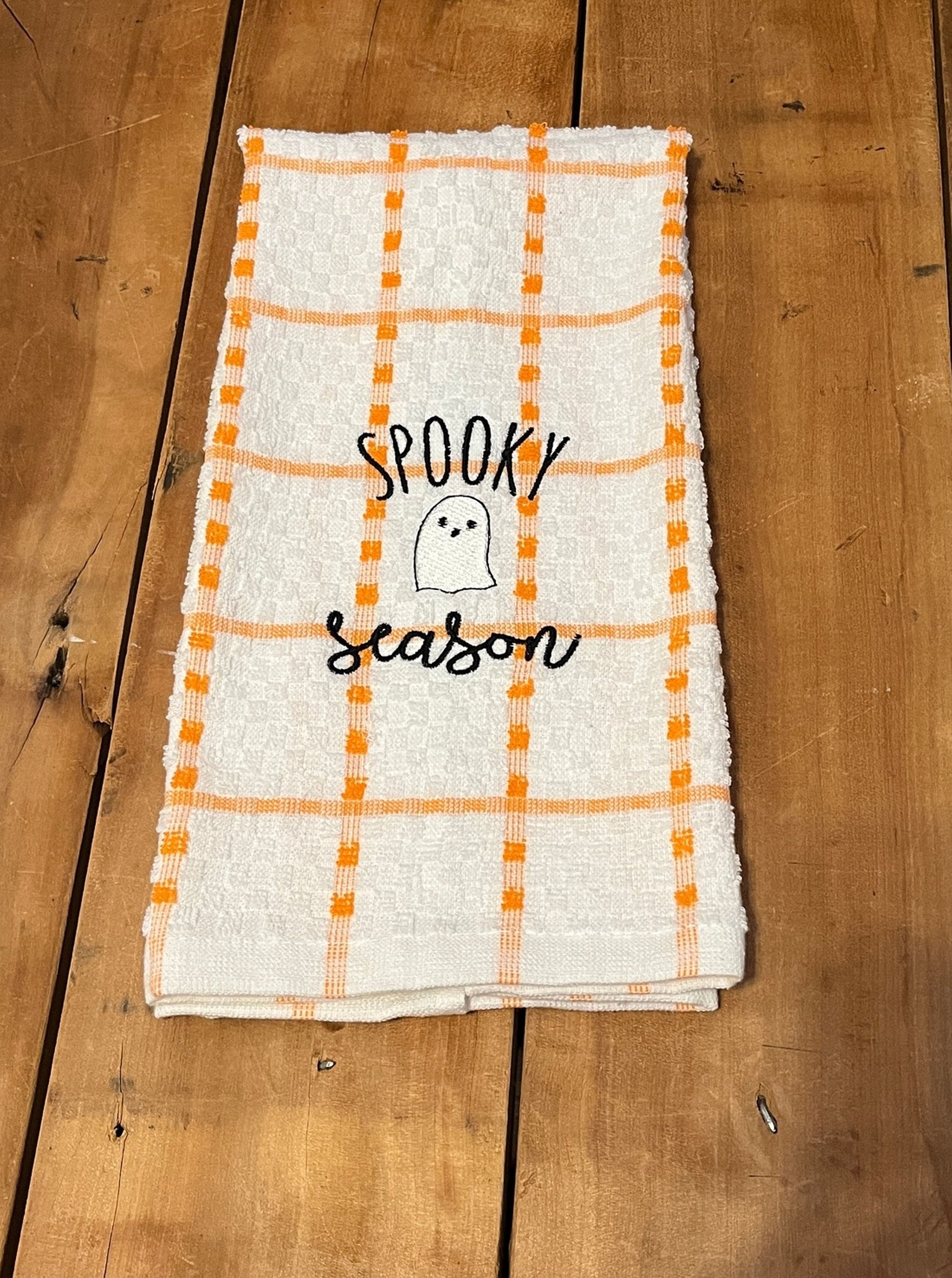 orange & white stripe towel spooky season embroidered on them