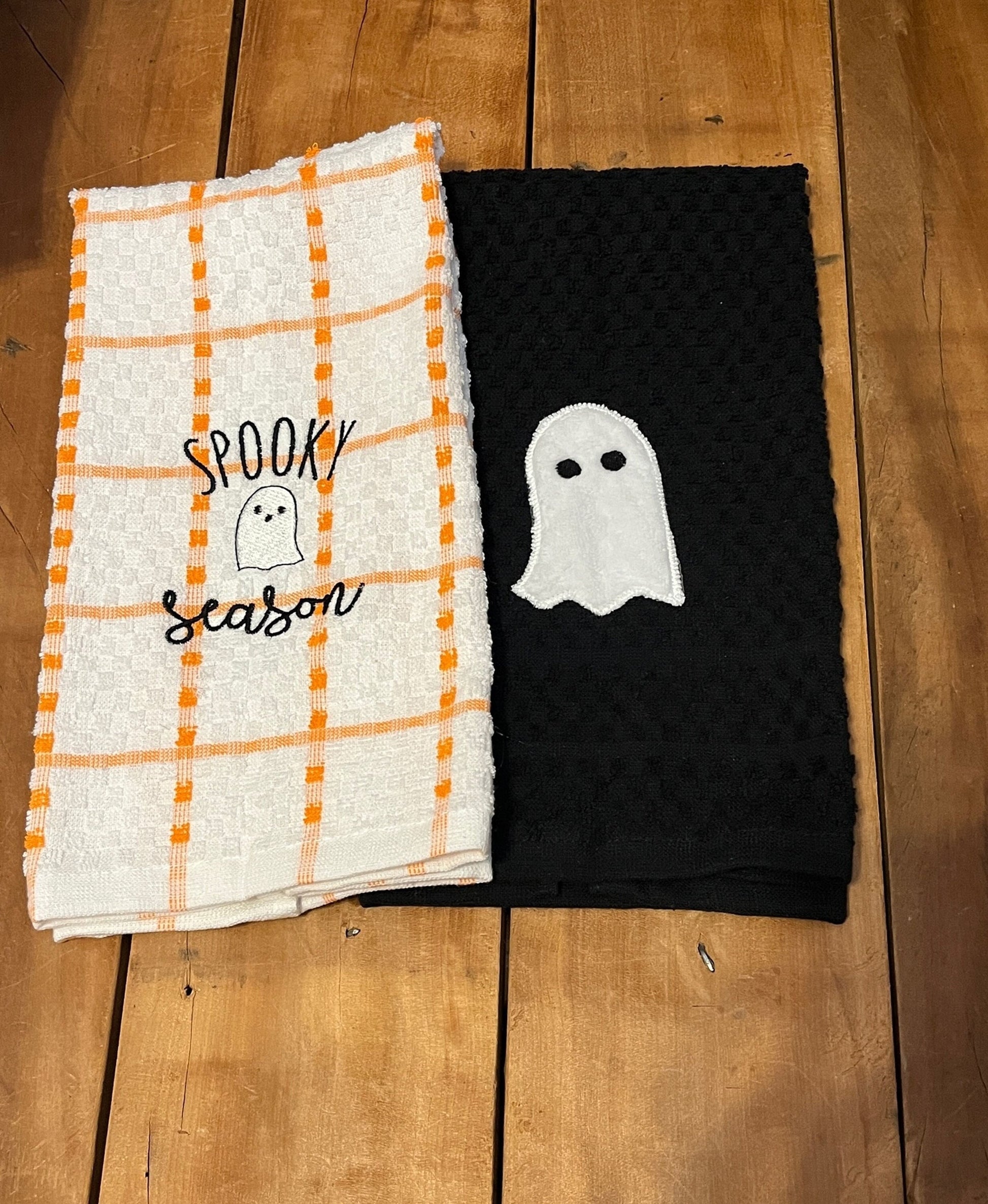 embroidered spooky season kitchen towel & Black towel with embroidered ghost