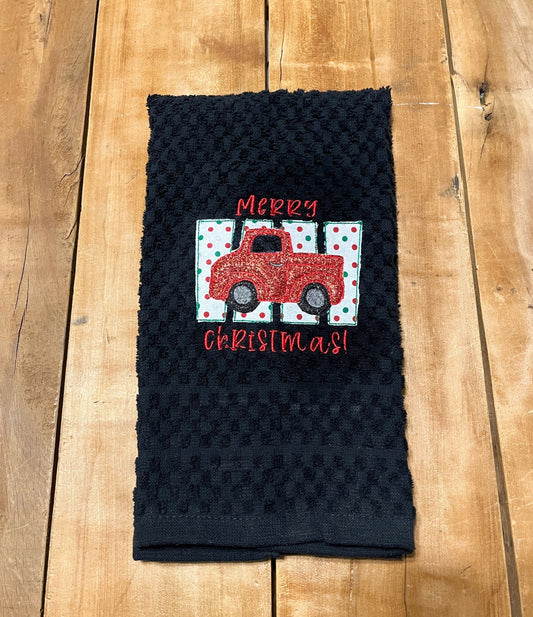 glitter red truck Christmas kitchen towel
