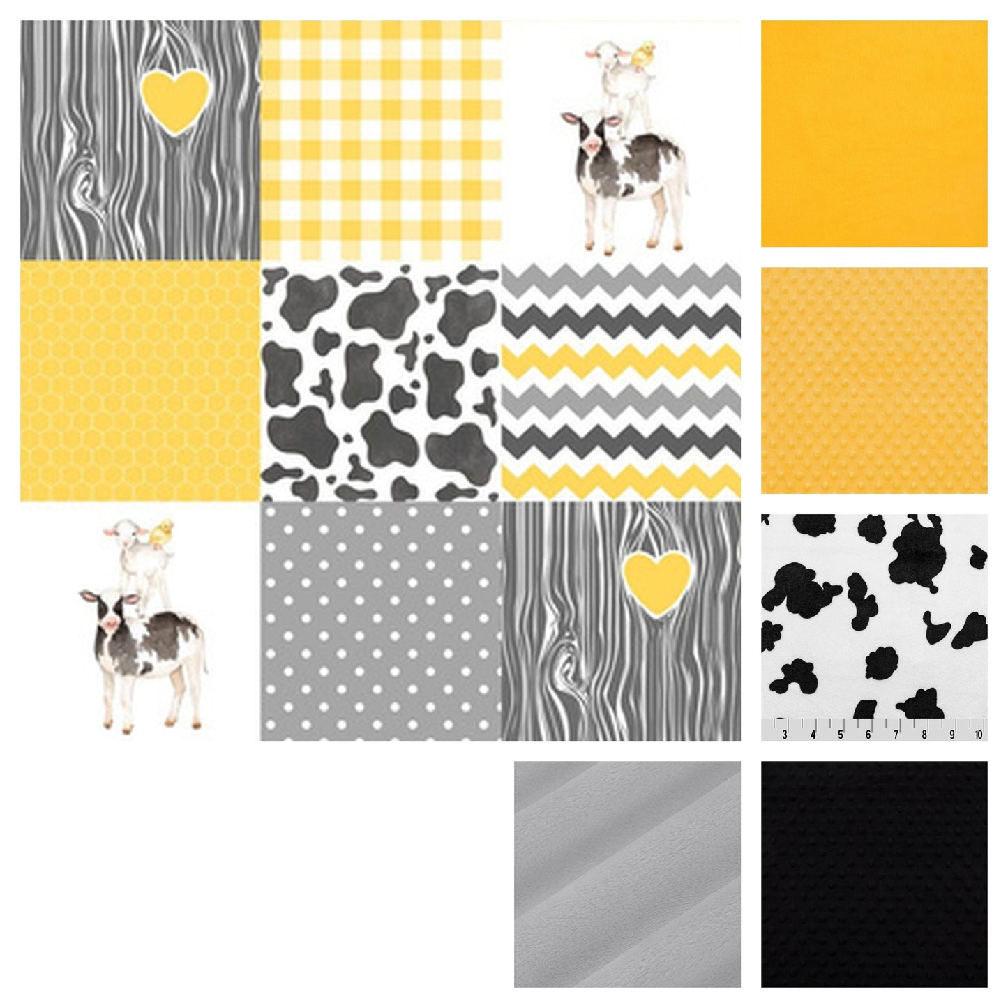 minky options - flat yellow, yellow dot, cowhide, black, and gray