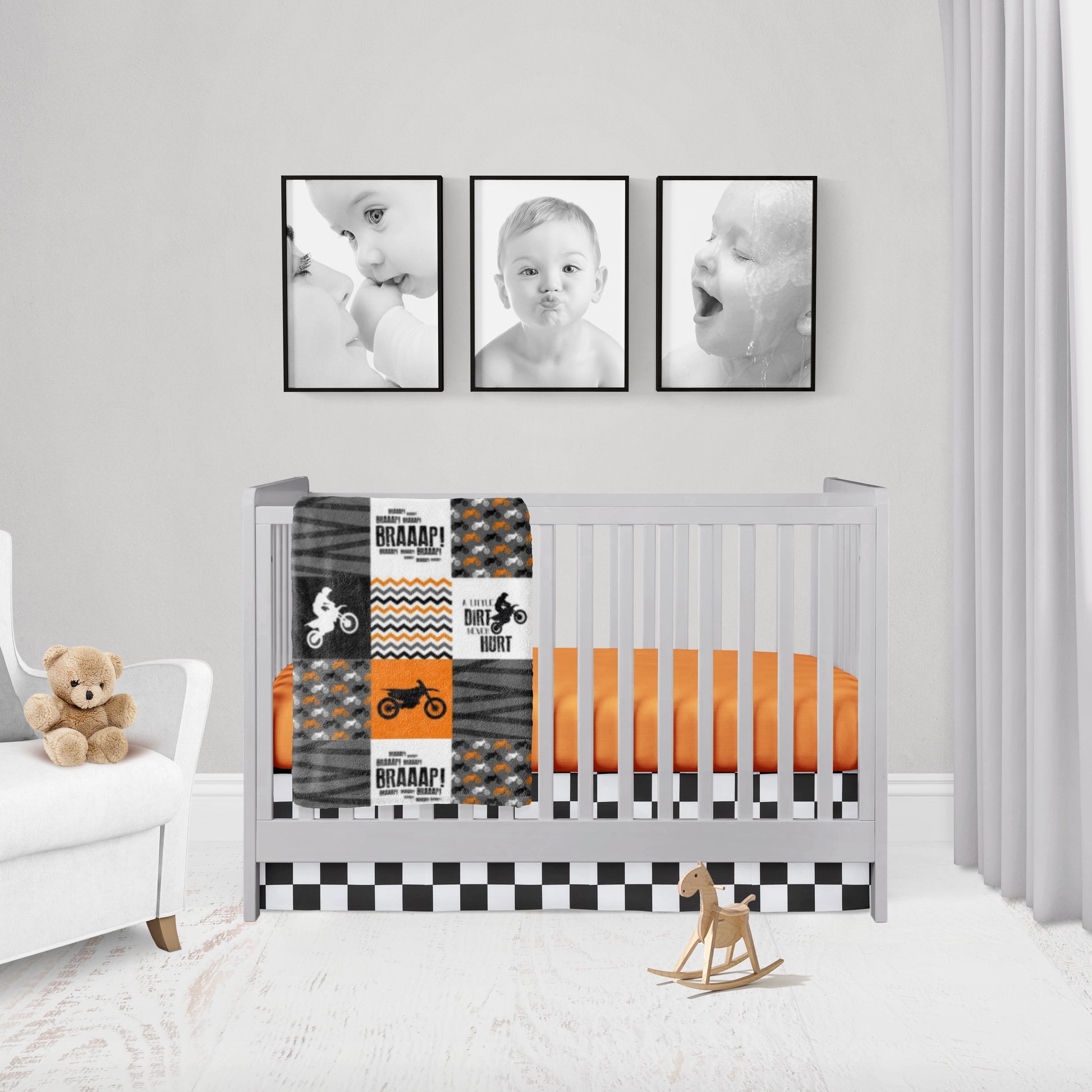 orange & gray minky blanket, orange crib sheet & racing check crib skirt