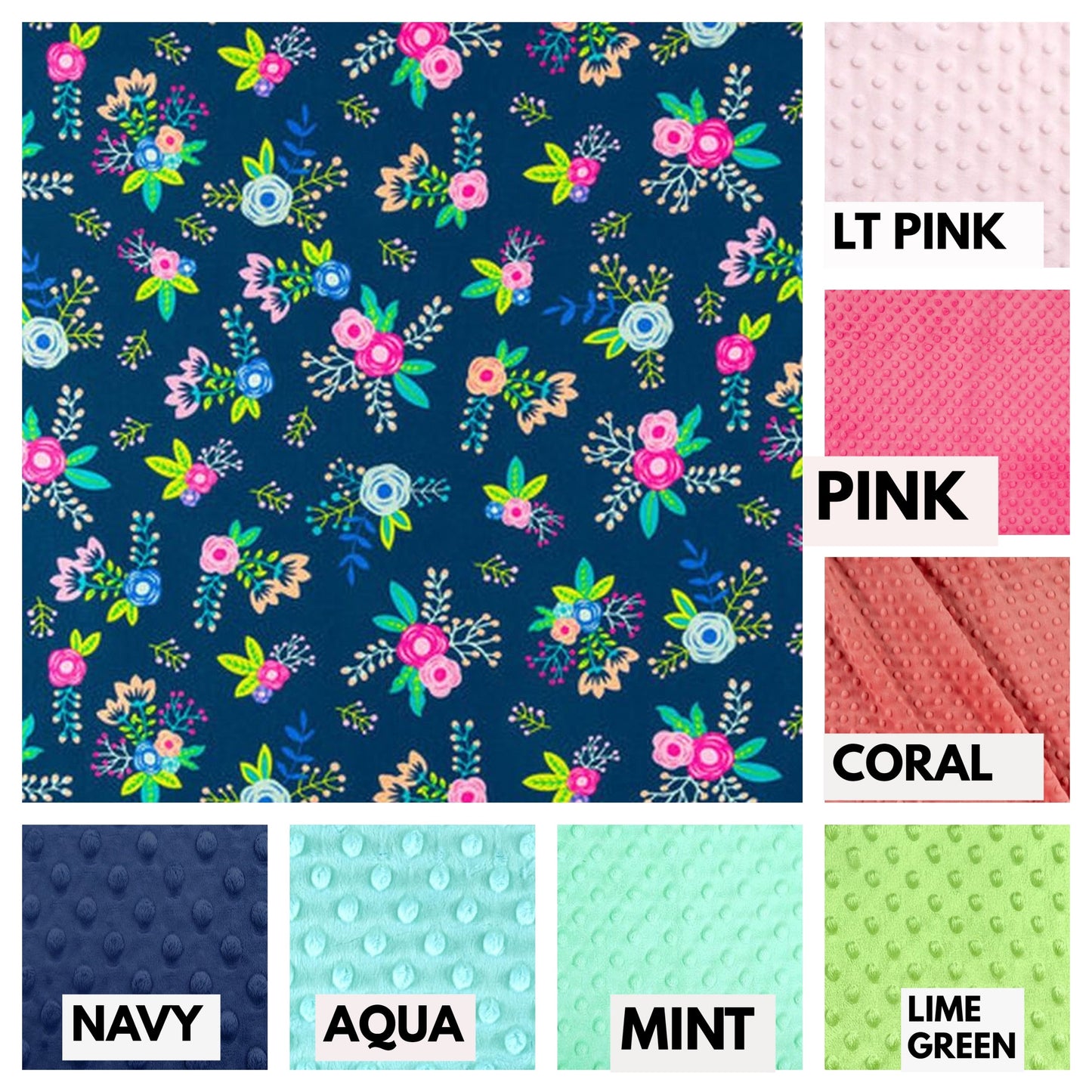 minky options available_ light pink, pink, coral, lime green, mint, aqua & navy