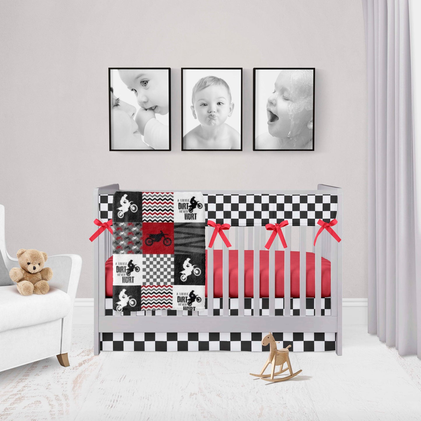 red motocross crib bedding set, minky blanket, racing rail cover with red ties, racing crib skirt & red crib sheet, 4-piece set or 5-piece set with changing pad cover
