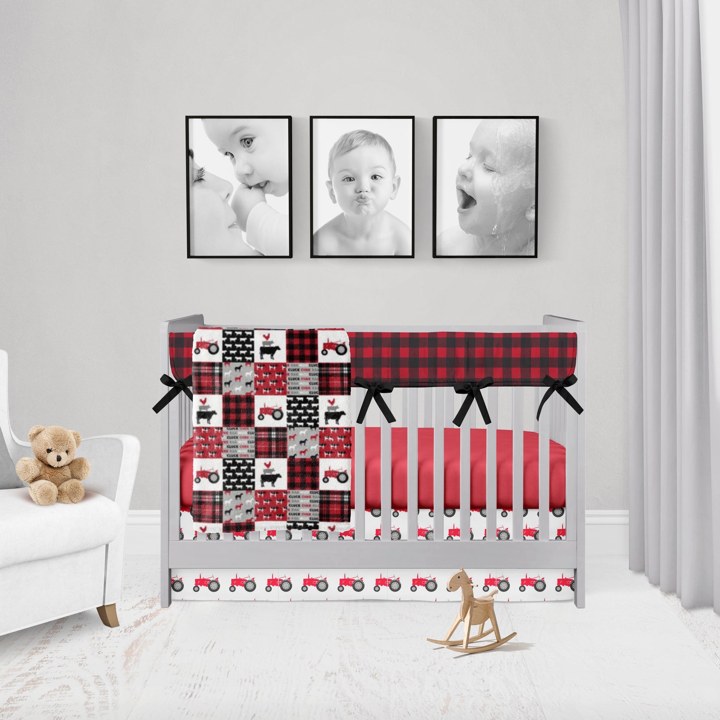 red tractor bedding, red and black plaid rail cover, red sheet, red tractors on a white background crib skirt and a red tractor/farm faux minky quilt