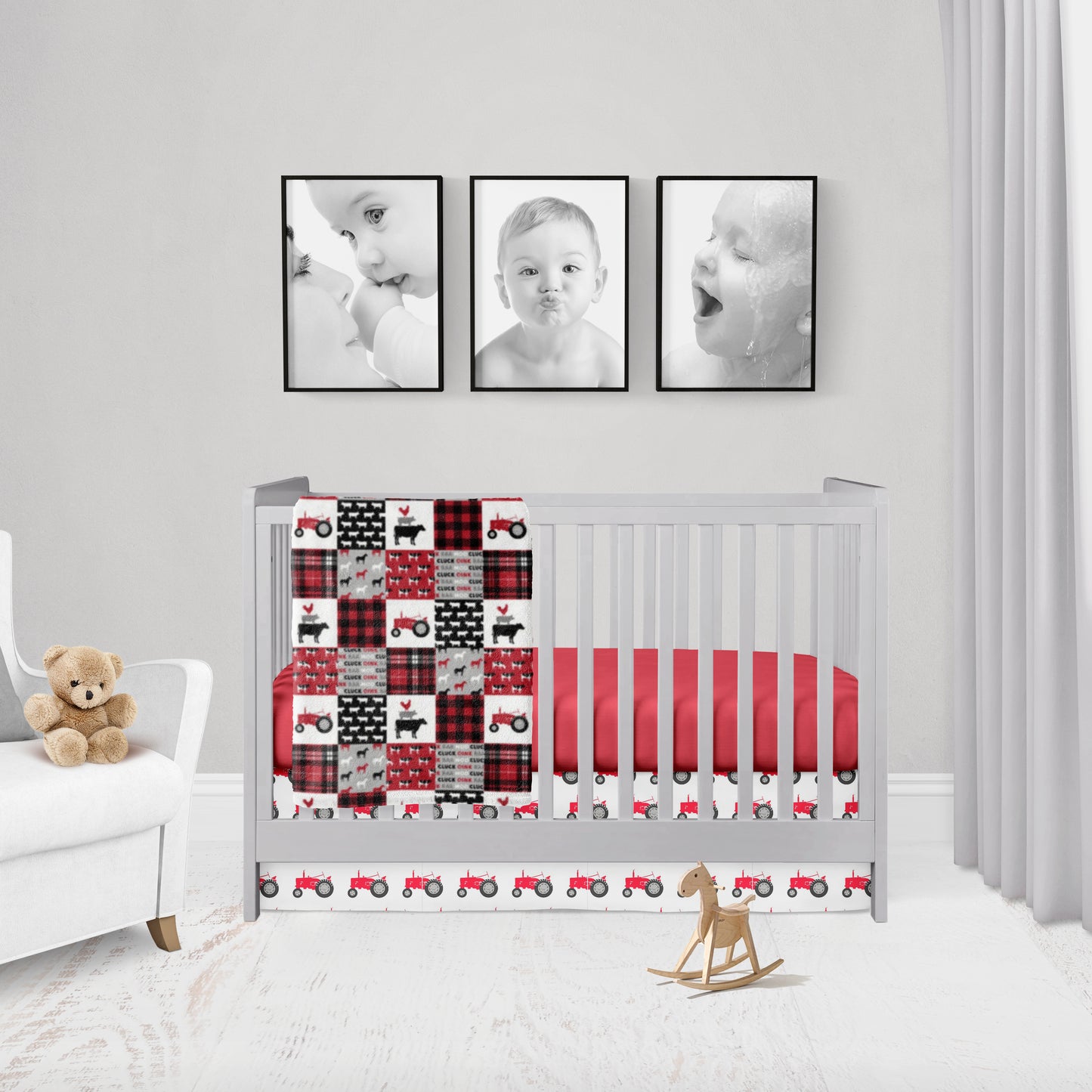 red tractor bedding, red sheet, red tractors on a white background crib skirt and a red tractor/farm faux minky quilt