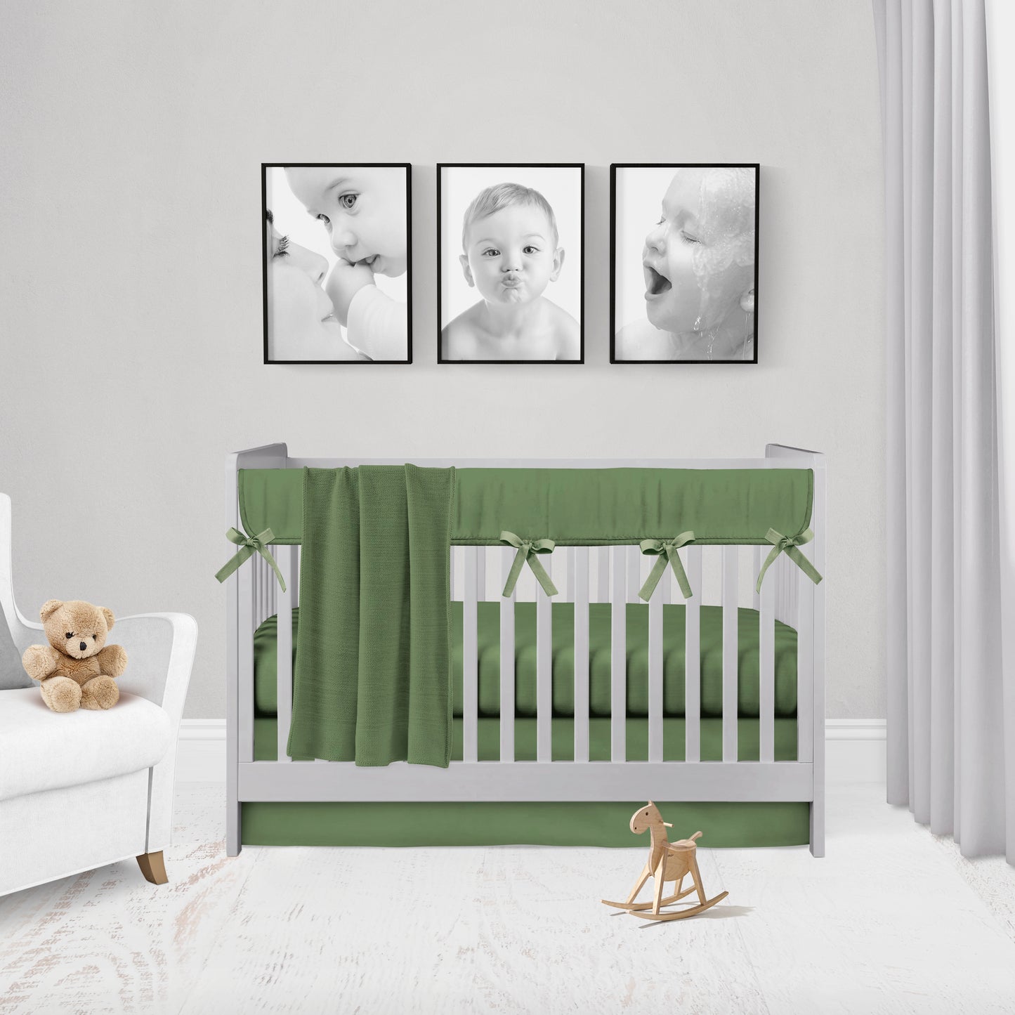 pine green crib rail cover, crib sheet, crib skirt and blanket